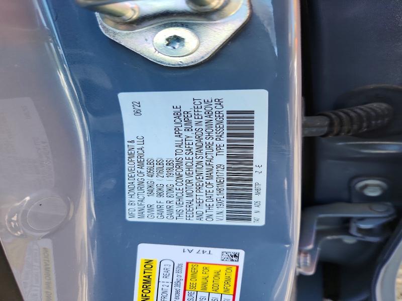 2022 Honda Civic მანქანა იყიდება აუქციონზე, vin: 19XFL1H81NE017129, აუქციონის ნომერი: 62268216