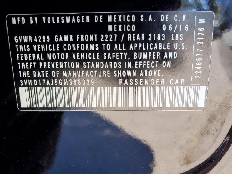 2016 Volkswagen Jetta მანქანა იყიდება აუქციონზე, vin: 3VWD17AJ5GM398339, აუქციონის ნომერი: 63252956