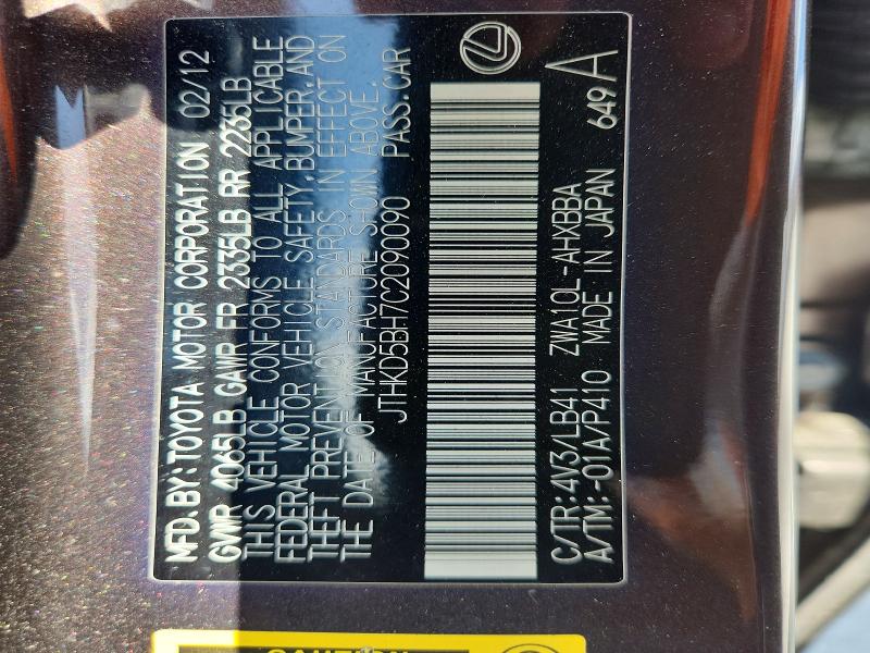 60679046 :رقم المزاد ، JTHKD5BH7C2090090 vin ، 2012 Lexus Ct مزاد بيع