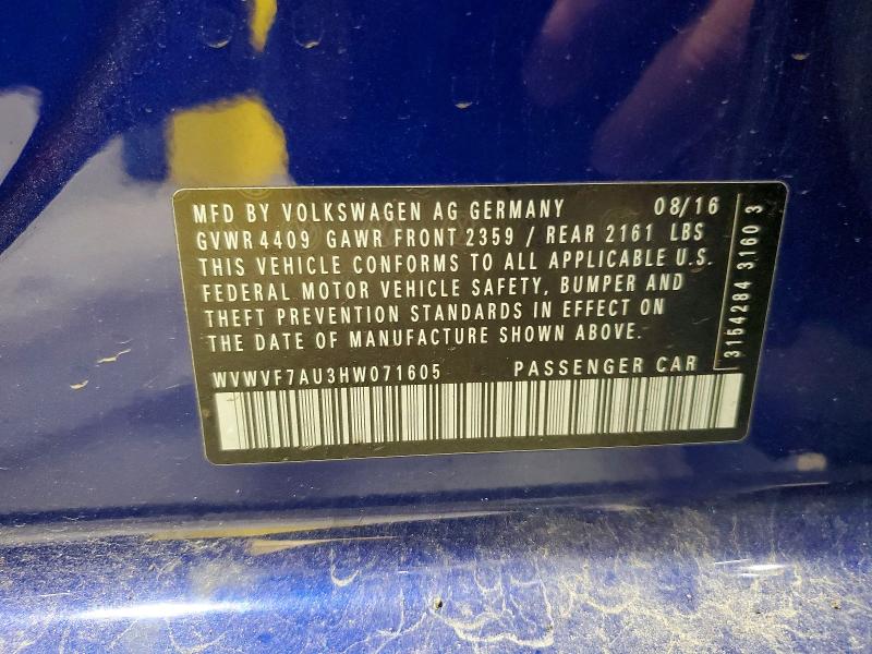 2017 Volkswagen Golf R მანქანა იყიდება აუქციონზე, vin: WVWVF7AU3HW071605, აუქციონის ნომერი: 60807066