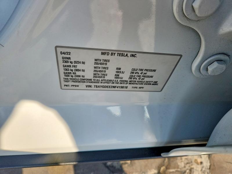 Aukcja sprzedaży 2022 Tesla Model Y, vin: 7SAYGDEE2NF419618, numer aukcji: 59905226