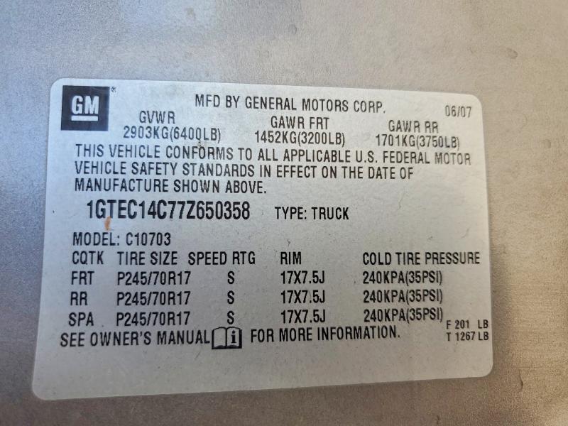 2007 Gmc New Sierra მანქანა იყიდება აუქციონზე, vin: 1GTEC14C77Z650358, აუქციონის ნომერი: 59366776