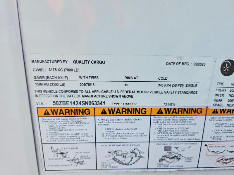 2025 Quality Cargo Unknown მანქანა იყიდება აუქციონზე, vin: 50ZBE1424SN063341, აუქციონის ნომერი: 60139406