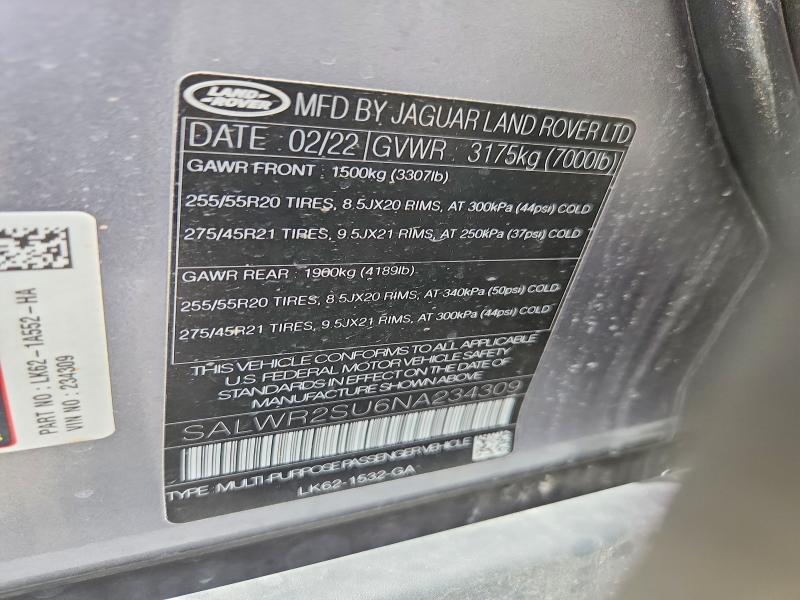 2022 Land Rover Range Rover Sport მანქანა იყიდება აუქციონზე, vin: SALWR2SU6NA234309, აუქციონის ნომერი: 57741306