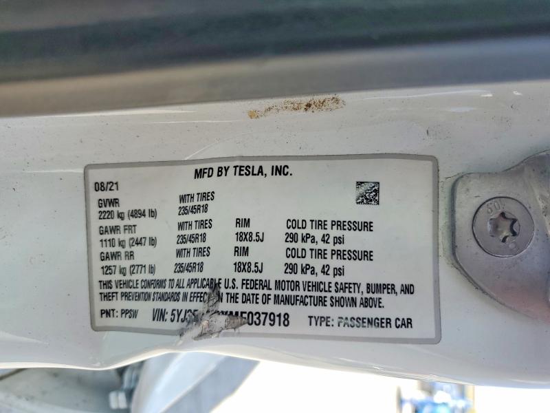 Aukcja sprzedaży 2021 Tesla Model 3, vin: 5YJ3E1EBXMF037918, numer aukcji: 61382946