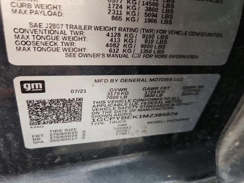 2021 Chevrolet Silverado მანქანა იყიდება აუქციონზე, vin: 1GCPYBEK1MZ385874, აუქციონის ნომერი: 59875336