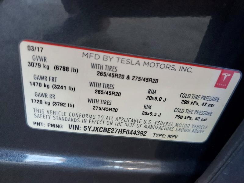 2017 Tesla Model X მანქანა იყიდება აუქციონზე, vin: 5YJXCBE27HF044392, აუქციონის ნომერი: 60775176