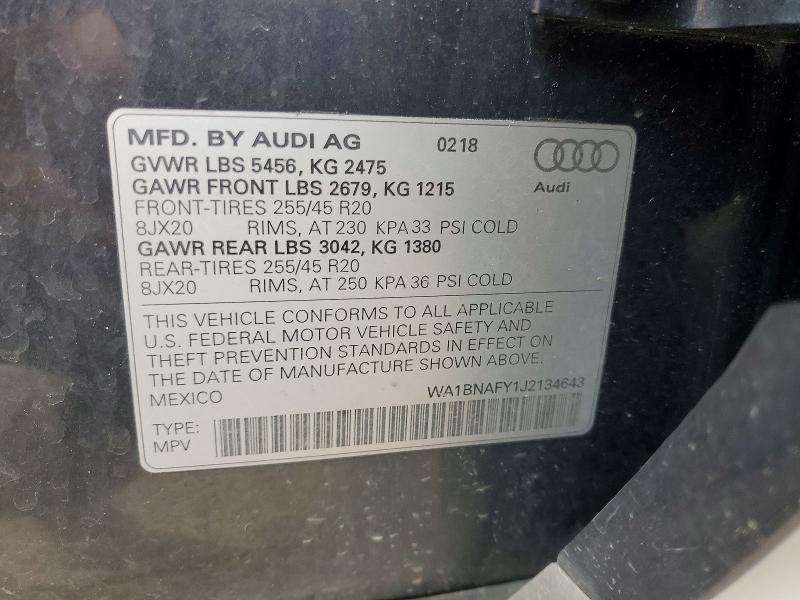 2018 Audi Q5 მანქანა იყიდება აუქციონზე, vin: WA1BNAFY1J2134643, აუქციონის ნომერი: 59170346