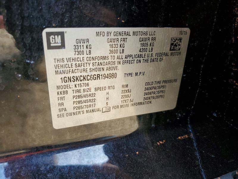 2016 Chevrolet Tahoe მანქანა იყიდება აუქციონზე, vin: 1GNSKCKC6GR194980, აუქციონის ნომერი: 61985146
