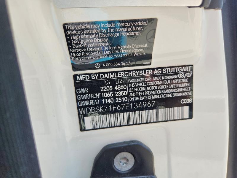Aukcja sprzedaży 2007 Mercedes-benz Sl, vin: WDBSK71F67F134967, numer aukcji: 61597056