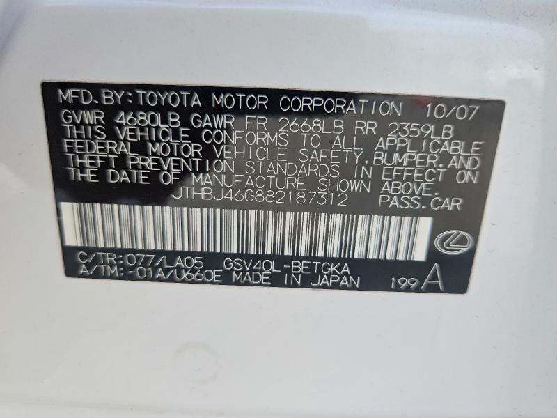 Aukcja sprzedaży 2008 Lexus Es, vin: JTHBJ46G882187312, numer aukcji: 60446906