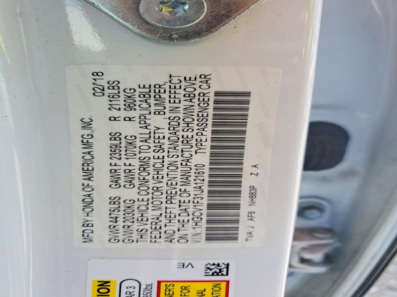 2018 Honda Accord მანქანა იყიდება აუქციონზე, vin: 1HGCV1F31JA121610, აუქციონის ნომერი: 62653286