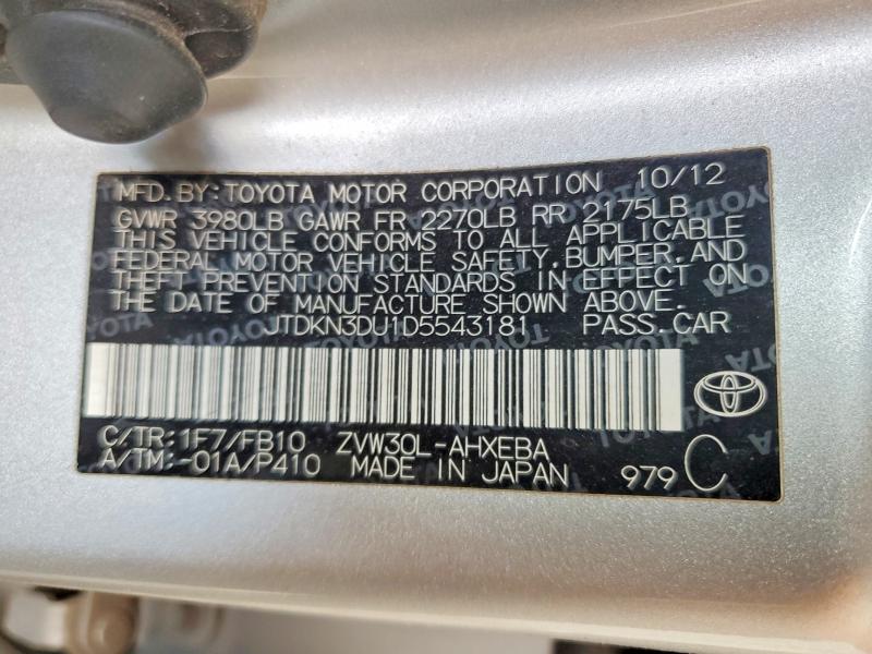 60530306 :رقم المزاد ، JTDKN3DU1D5543181 vin ، 2013 Toyota Prius مزاد بيع