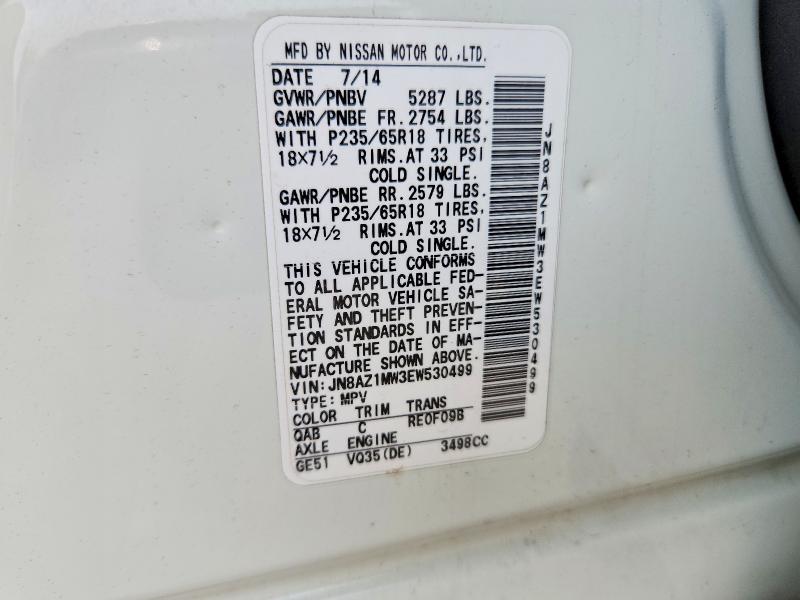 2014 Nissan Murano მანქანა იყიდება აუქციონზე, vin: JN8AZ1MW3EW530499, აუქციონის ნომერი: 63566996