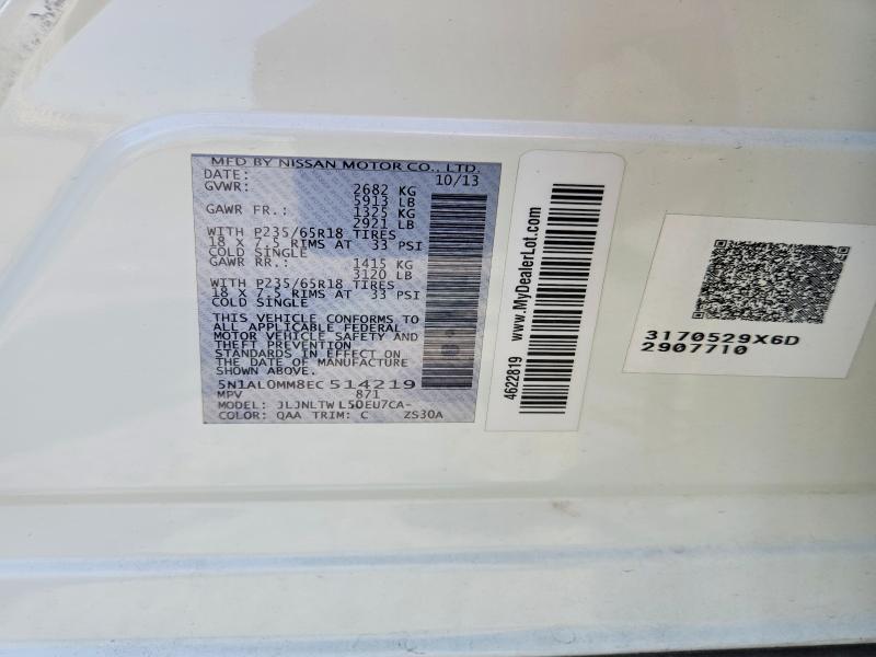 2014 Infiniti Qx60 მანქანა იყიდება აუქციონზე, vin: 5N1AL0MM8EC514219, აუქციონის ნომერი: 62887296