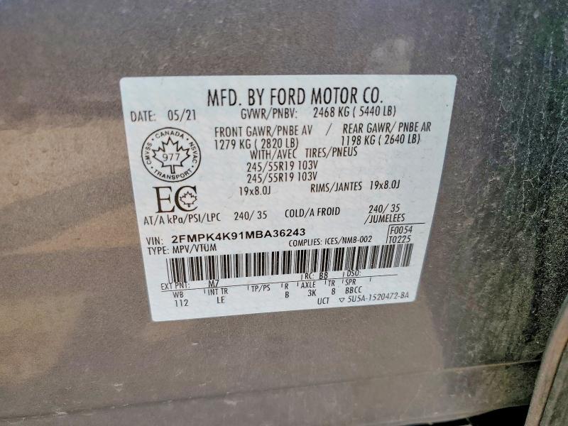 2021 Ford Edge მანქანა იყიდება აუქციონზე, vin: 2FMPK4K91MBA36243, აუქციონის ნომერი: 58430196