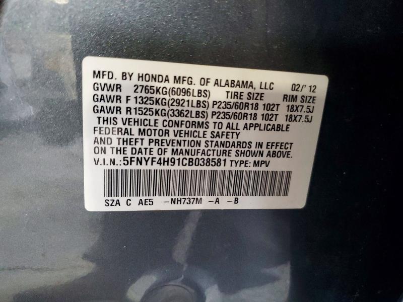 2012 Honda Pilot მანქანა იყიდება აუქციონზე, vin: 5FNYF4H91CB038581, აუქციონის ნომერი: 60790186