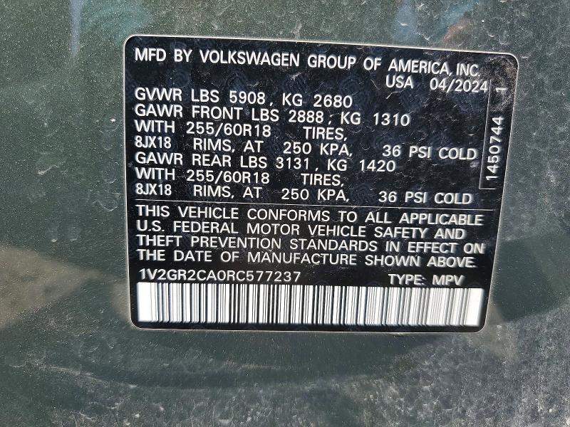 Продаж на аукціоні авто 2024 Volkswagen Atlas, vin: 1V2GR2CA0RC577237, номер лоту: 61894606
