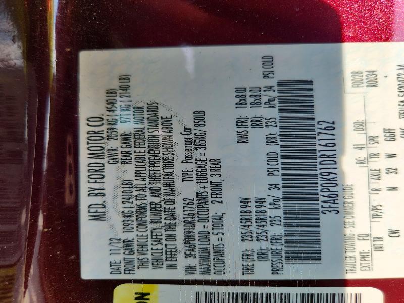 Продаж на аукціоні авто 2013 Ford Fusion, vin: 3FA6P0K91DR161762, номер лоту: 59996876
