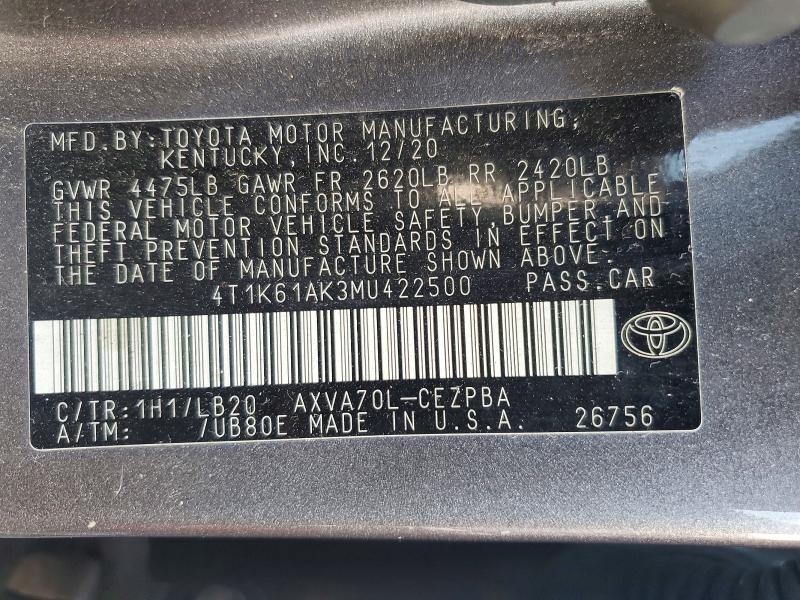 2021 Toyota Camry მანქანა იყიდება აუქციონზე, vin: 4T1K61AK3MU422500, აუქციონის ნომერი: 62158476
