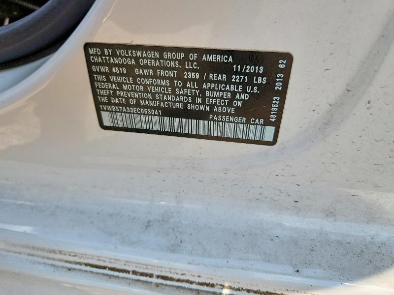 62324346 :رقم المزاد ، 1VWBS7A33EC053041 vin ، 2014 Volkswagen Passat مزاد بيع