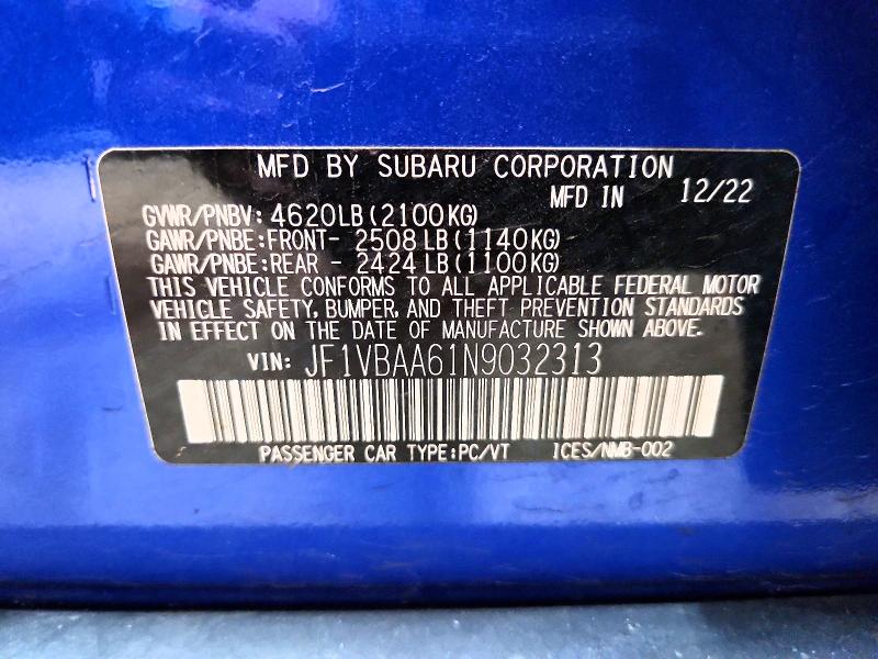Aukcja sprzedaży 2022 Subaru Wrx, vin: JF1VBAA61N9032313, numer aukcji: 60383616