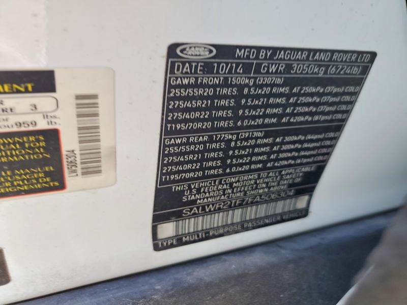 Aukcja sprzedaży 2015 Land Rover Range Rover Sport, vin: SALWR2TF7FA506304, numer aukcji: 60518486