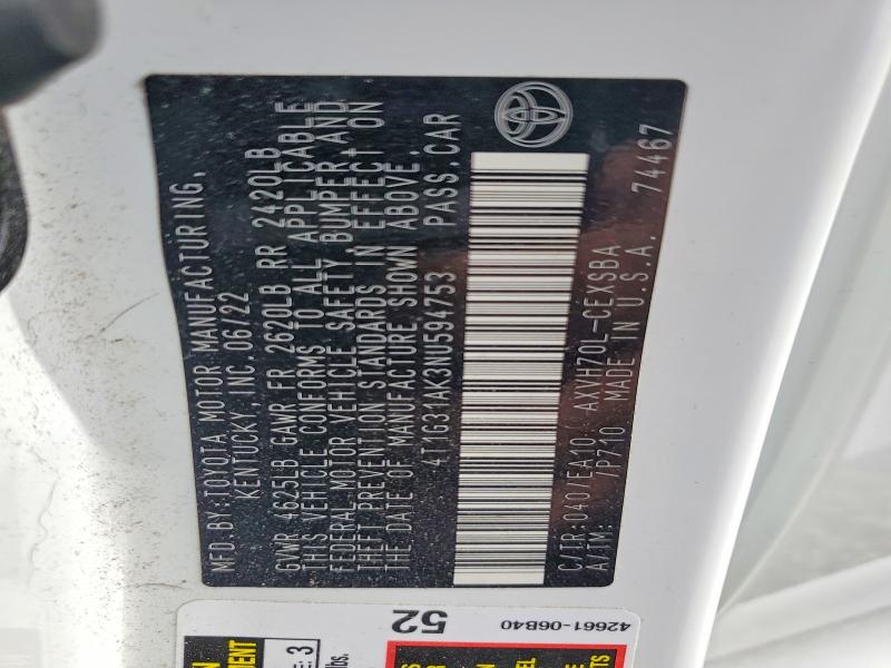 63221816 :رقم المزاد ، 4T1G31AK3NU594753 vin ، 2022 Toyota Camry Hybrid مزاد بيع