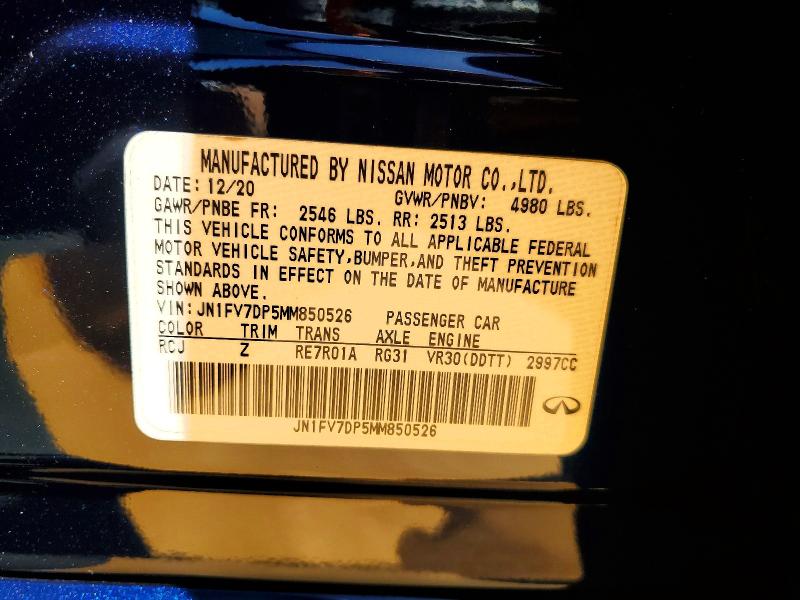 60965596 :رقم المزاد ، JN1FV7DP5MM850526 vin ، 2021 Infiniti Q50 مزاد بيع