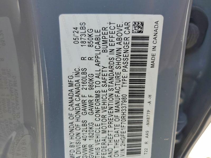 2024 Honda Civic მანქანა იყიდება აუქციონზე, vin: 2HGFE1F70RH337980, აუქციონის ნომერი: 59831176