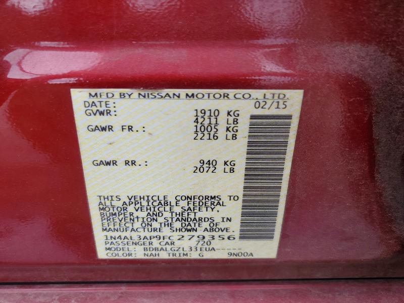 Продаж на аукціоні авто 2015 Nissan Altima, vin: 1N4AL3AP9FC279356, номер лоту: 62339156