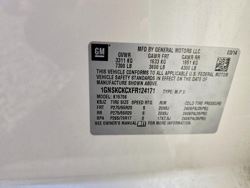 2015 Chevrolet Tahoe მანქანა იყიდება აუქციონზე, vin: 1GNSKCKCXFR124171, აუქციონის ნომერი: 60993116