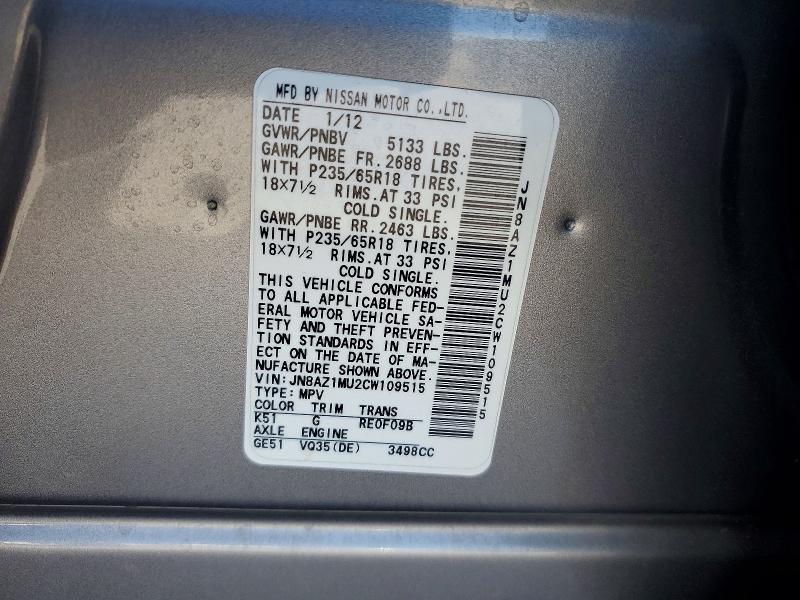 62723876 :رقم المزاد ، JN8AZ1MU2CW109515 vin ، 2012 Nissan Murano مزاد بيع