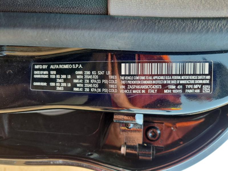 2019 Alfa Romeo Stelvio მანქანა იყიდება აუქციონზე, vin: ZASPAKAN5K7C42673, აუქციონის ნომერი: 59616346