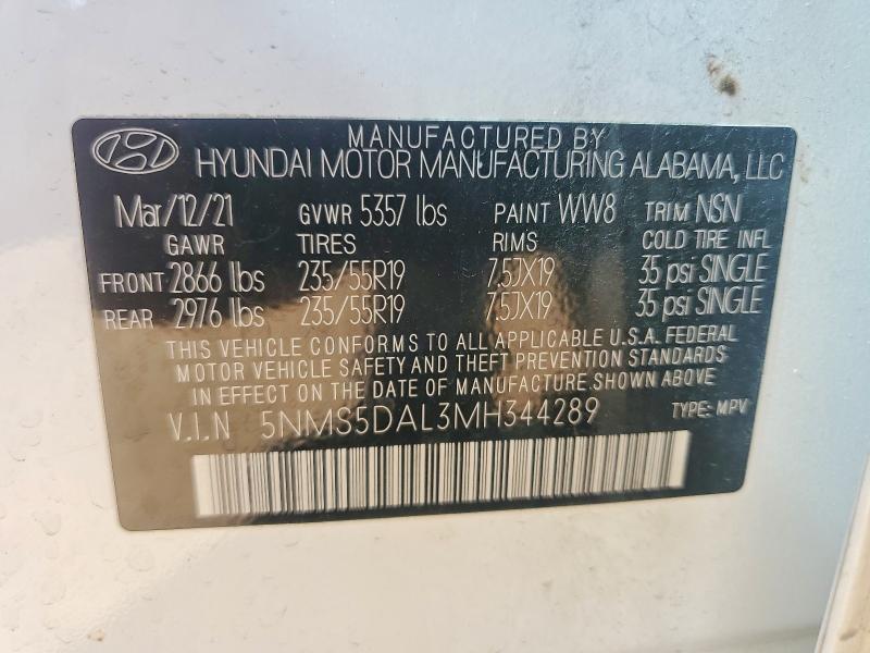 Aukcja sprzedaży 2021 Hyundai Santa Fe, vin: 5NMS5DAL3MH344289, numer aukcji: 62483996