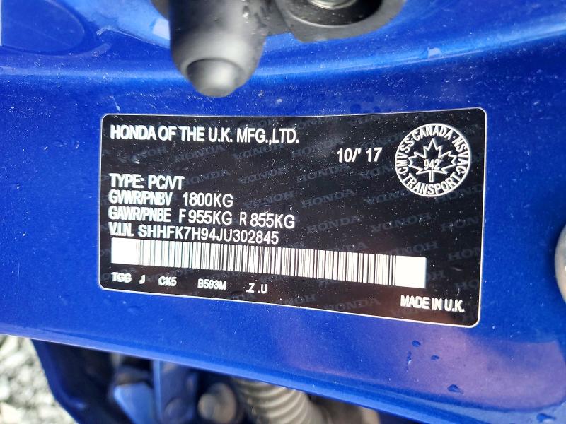 Продаж на аукціоні авто 2018 Honda Civic, vin: SHHFK7H94JU302845, номер лоту: 62475686