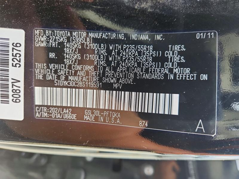 60046846 :رقم المزاد ، 5TDYK3DC2BS119591 vin ، 2011 Toyota Sienna مزاد بيع