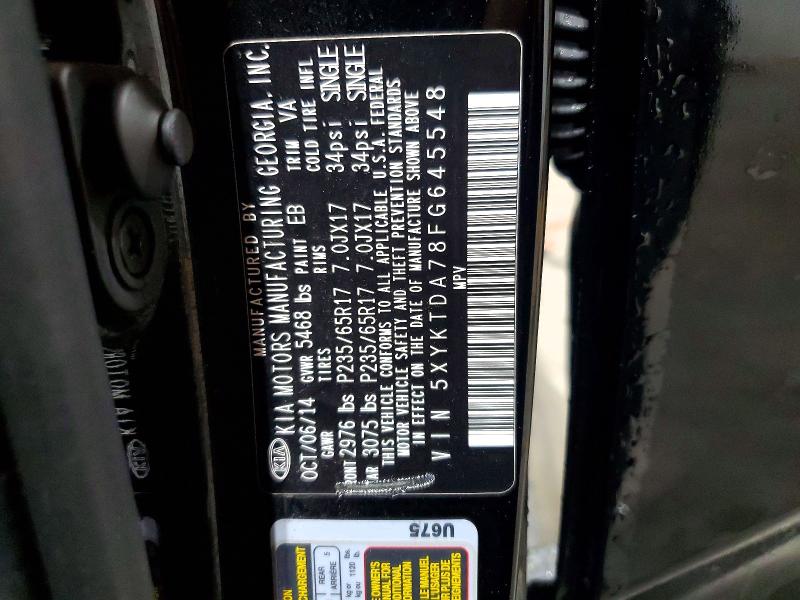 2015 Kia Sorento მანქანა იყიდება აუქციონზე, vin: 5XYKTDA78FG645548, აუქციონის ნომერი: 63013106