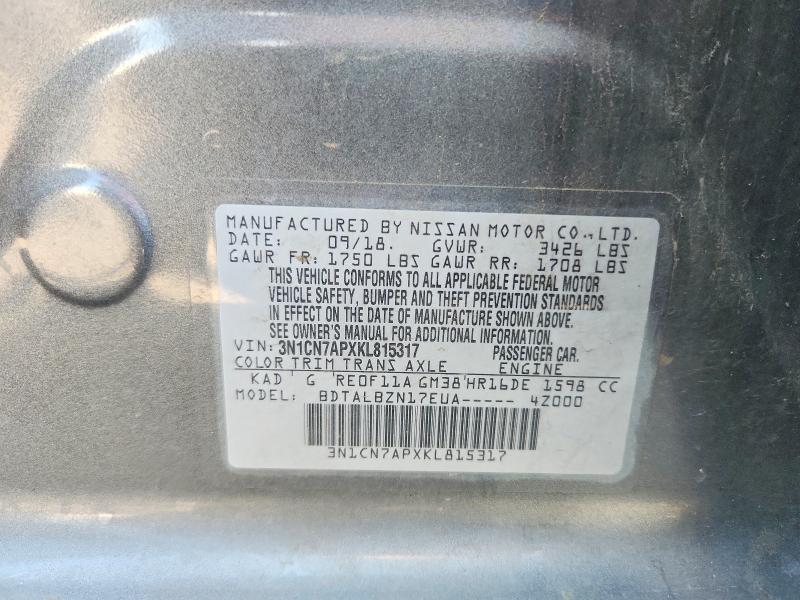 62102146 :رقم المزاد ، 3N1CN7APXKL815317 vin ، 2019 Nissan Versa مزاد بيع