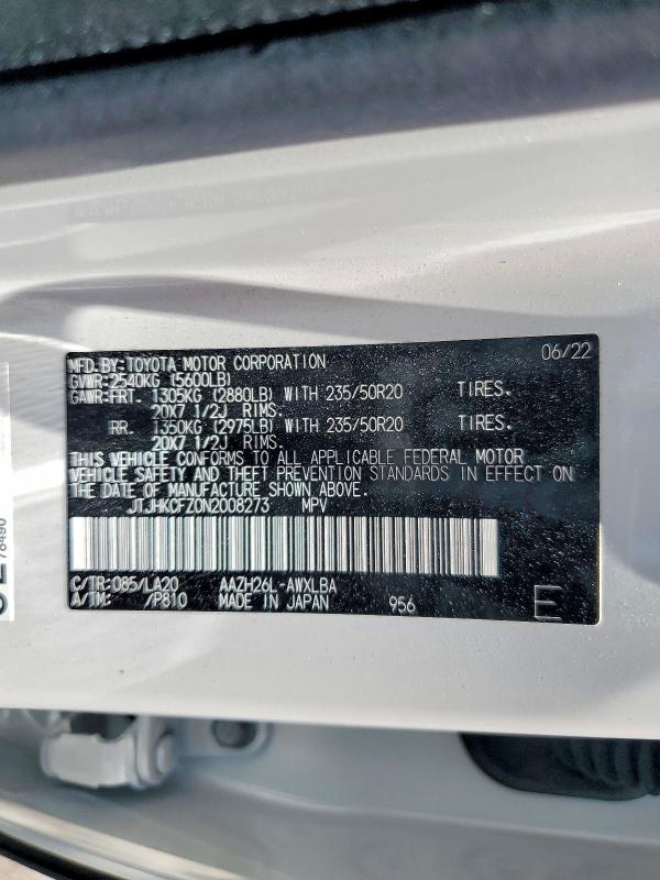 60234746 :رقم المزاد ، JTJHKCFZ0N2008273 vin ، 2022 Lexus Nx مزاد بيع