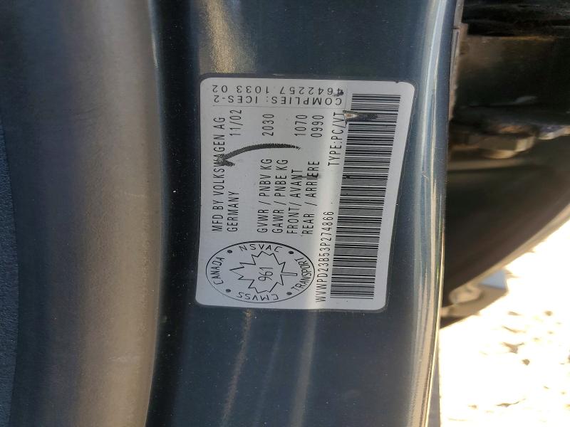62981616 :رقم المزاد ، WVWPD23B53P274866 vin ، 2003 Volkswagen Passat مزاد بيع
