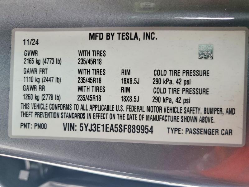 Aukcja sprzedaży 2025 Tesla Model 3, vin: 5YJ3E1EA5SF889954, numer aukcji: 60626976