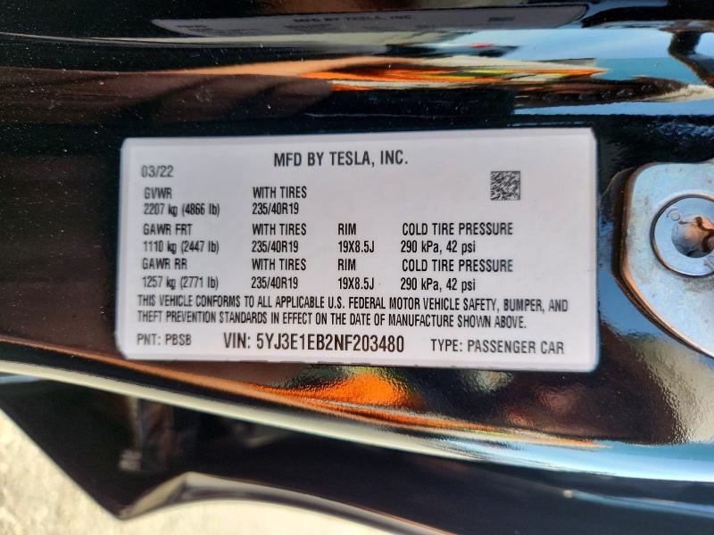 60860096 :رقم المزاد ، 5YJ3E1EB2NF203480 vin ، 2022 Tesla Model 3 مزاد بيع