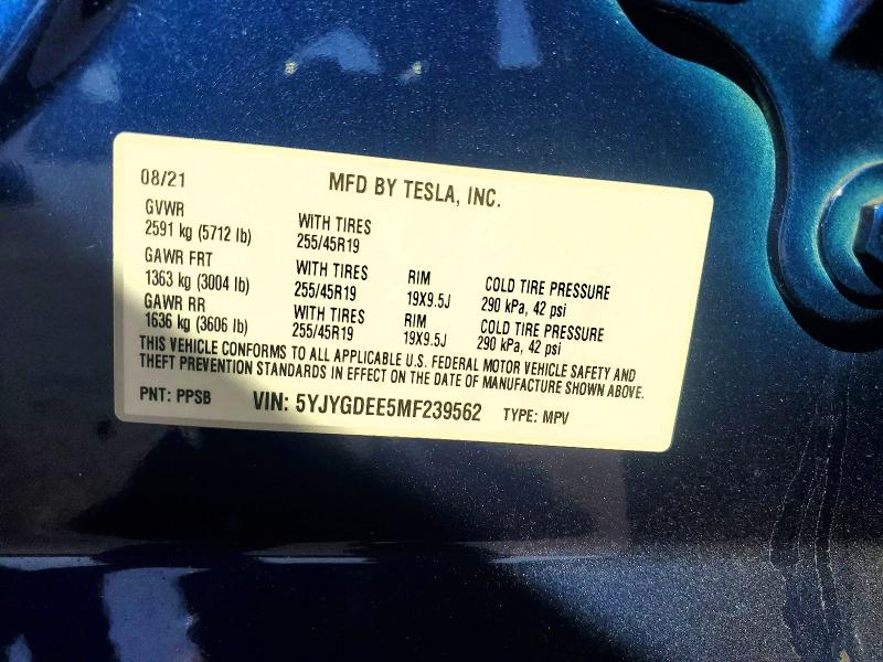 Aukcja sprzedaży 2021 Tesla Model Y, vin: 5YJYGDEE5MF239562, numer aukcji: 62091926