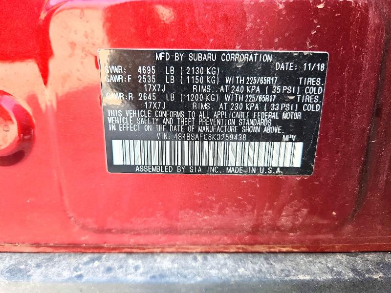 Aukcja sprzedaży 2019 Subaru Outback, vin: 4S4BSAFC8K3259438, numer aukcji: 79135285