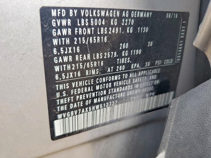 Aukcja sprzedaży 2017 Volkswagen Tiguan, vin: WVGBV7AX5HW512727, numer aukcji: 60493616