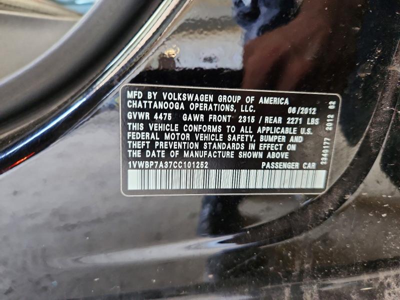 2012 Volkswagen Passat მანქანა იყიდება აუქციონზე, vin: 1VWBP7A37CC101252, აუქციონის ნომერი: 59602156
