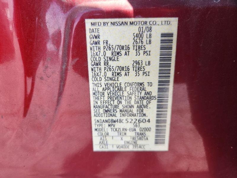 2008 Nissan Xterra მანქანა იყიდება აუქციონზე, vin: 5N1AN08W48C522604, აუქციონის ნომერი: 62046006