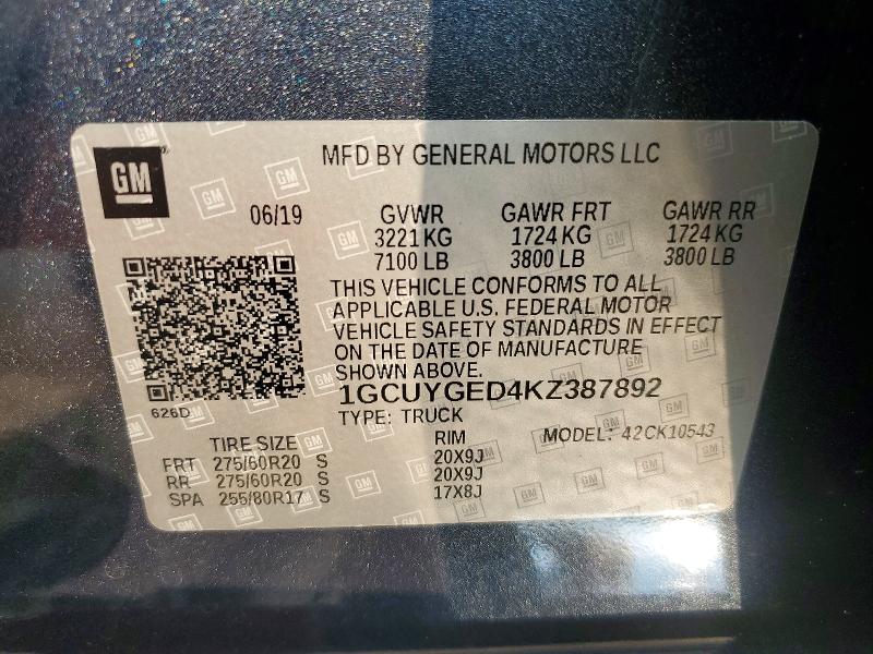61367296 :رقم المزاد ، 1GCUYGED4KZ387892 vin ، 2019 Chevrolet Silverado مزاد بيع