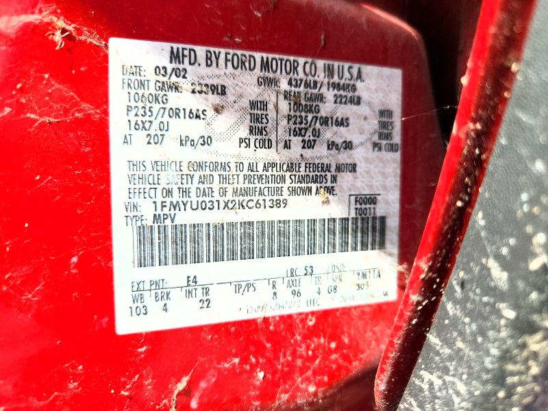 2002 Ford Escape მანქანა იყიდება აუქციონზე, vin: 1FMYU031X2KC61389, აუქციონის ნომერი: 60838026